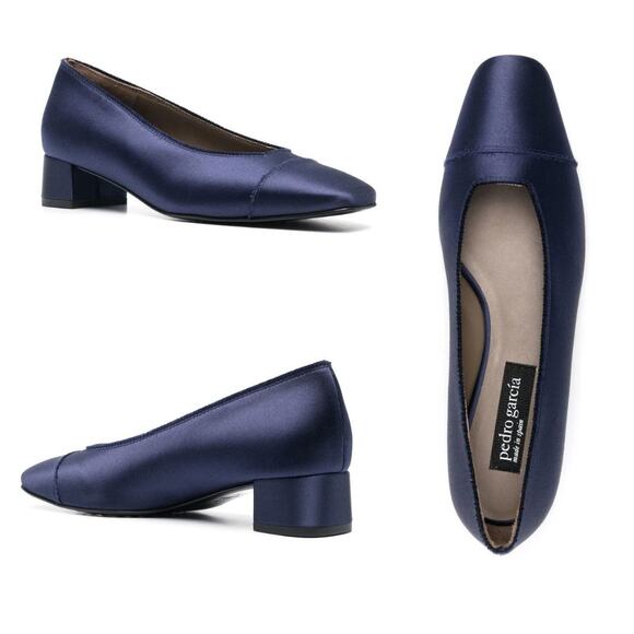Pedro Garcia Eladia NEW Navy Silk Satin Low Block Heel Slip On Pump $550 - Picture 1 of 15